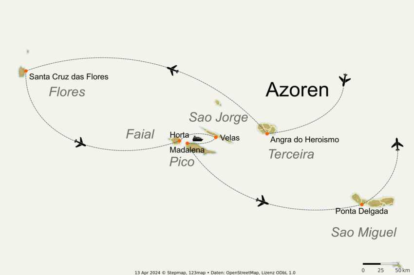 Karte-reiseverlauf-azoren-mietwagenrundreise-21-tage