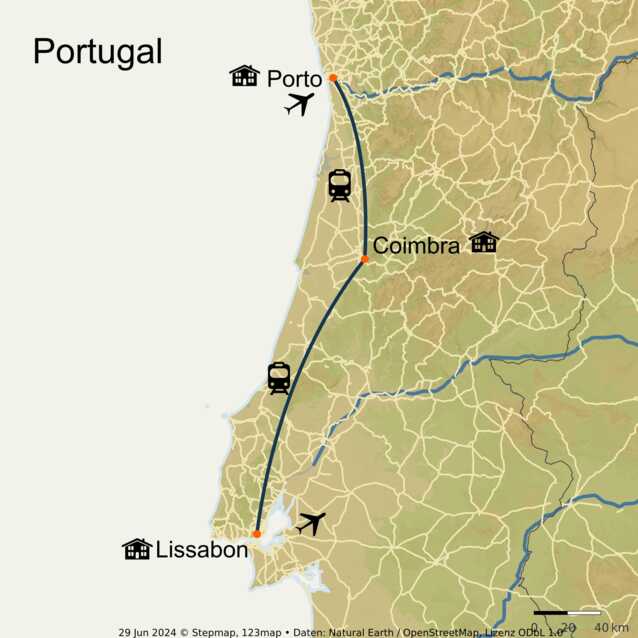 Stepmap-karte-die-schoensten-staedte-portugals-mit-dem-zug