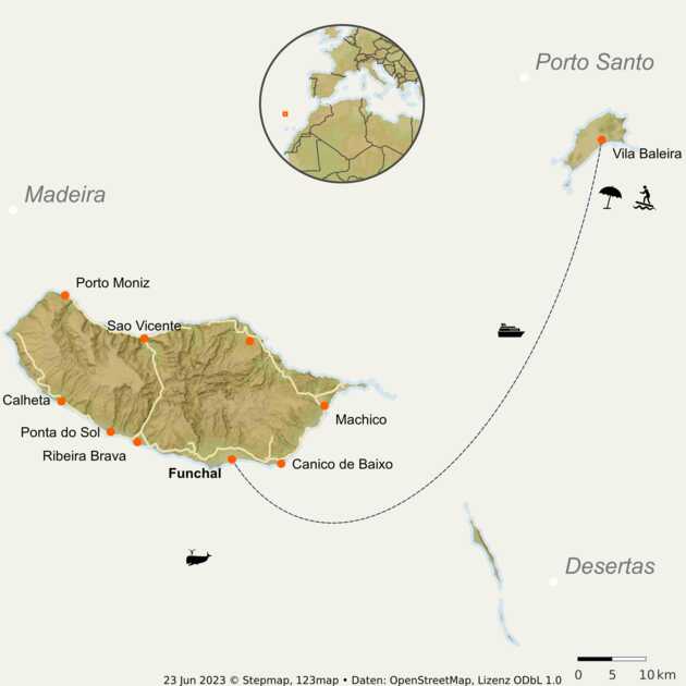 Madeira und Porto Santo auf der Landkarte, um zu sehen wo die Inseln liegen