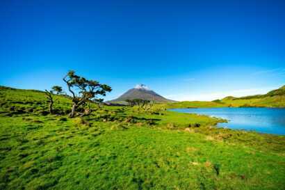Grüne Landschaft, Kraterseen und der höchte Berg der Azoren Pico