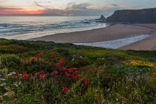 Wunderschöne Westküste von Portugal: Der Strand von Odeceixe liegt auf einer Landzunge zwischen dem Atlantik und dem Fluss Ribeira de Seixe.